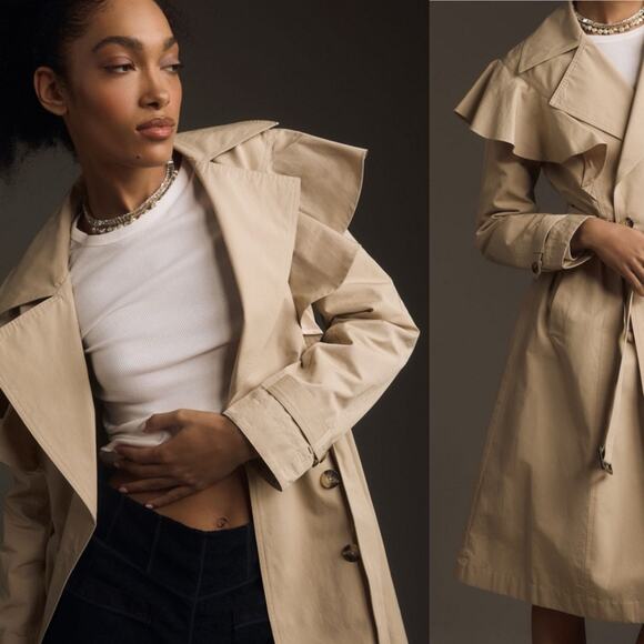 Anthropologie Ruffled Trench Coat Tan Khaki Midi - Picture 5 of 14